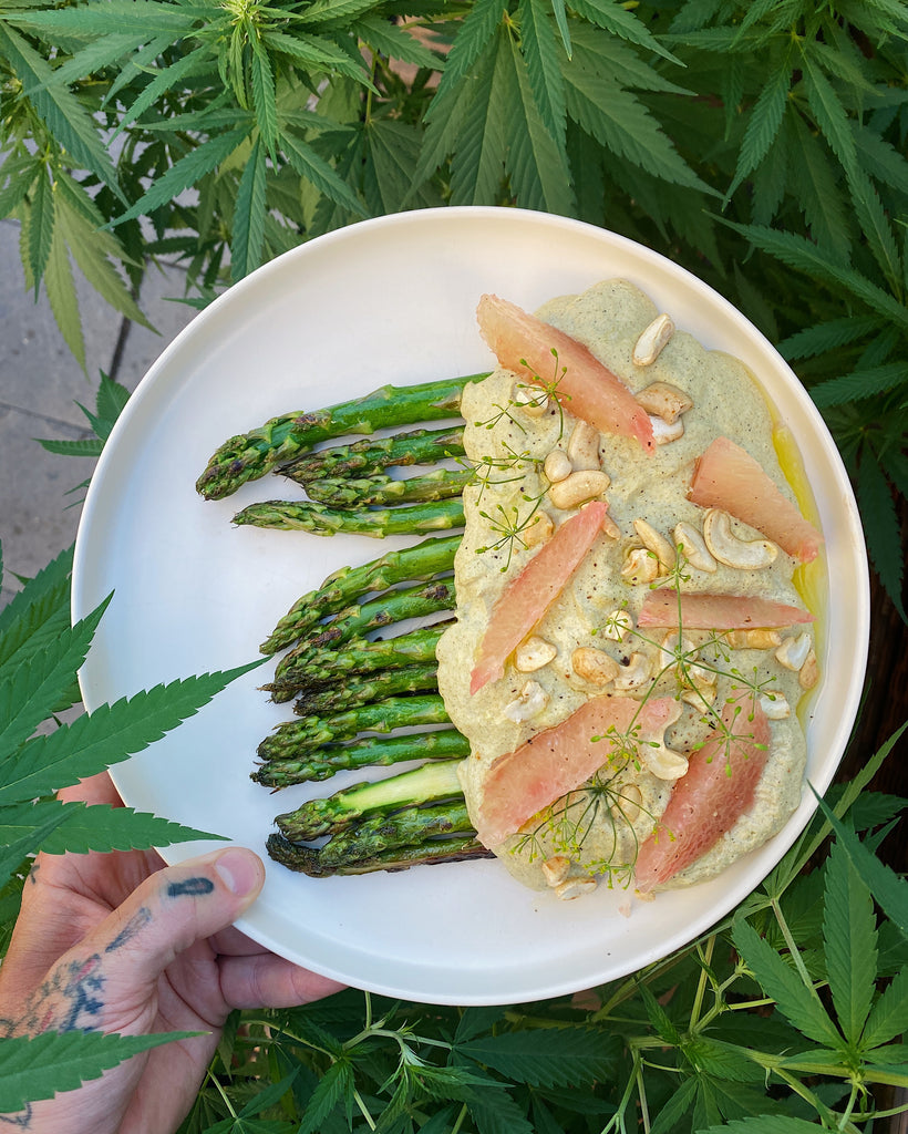 grilled asparagus vegan cashew cream & pomelo make this summer grilled dish pop