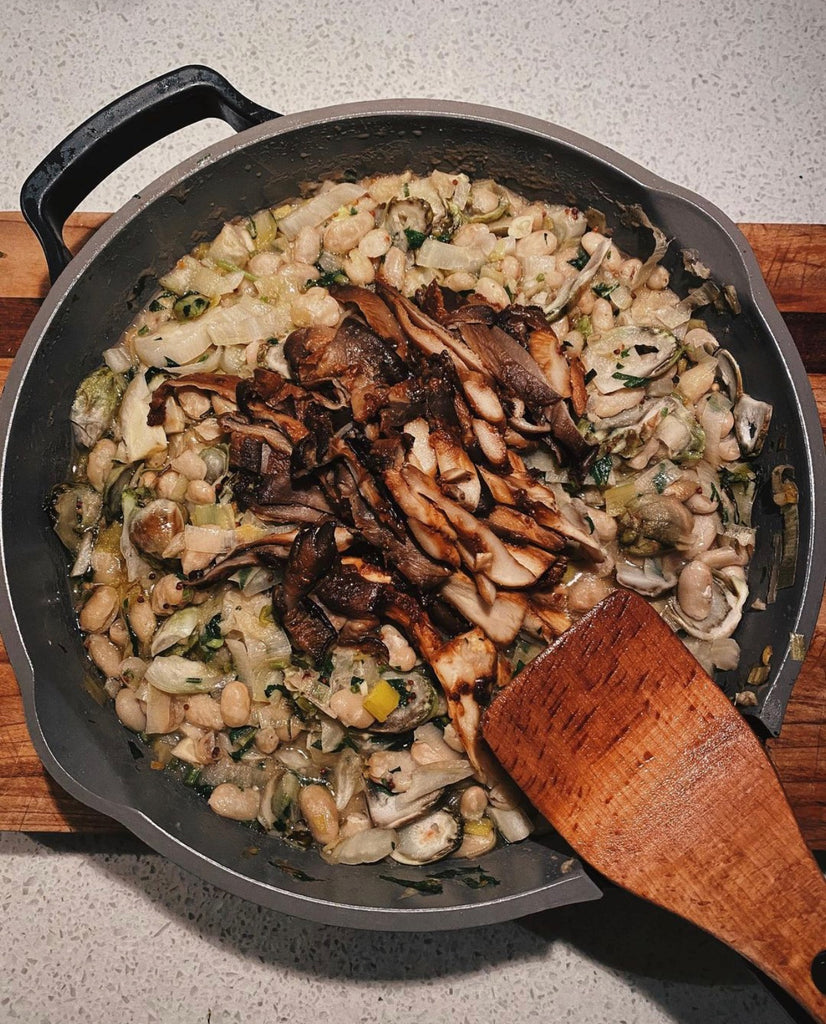 hearty, savoury and delicious mushroom and braised white beans. tons of protein, tons of flavour!