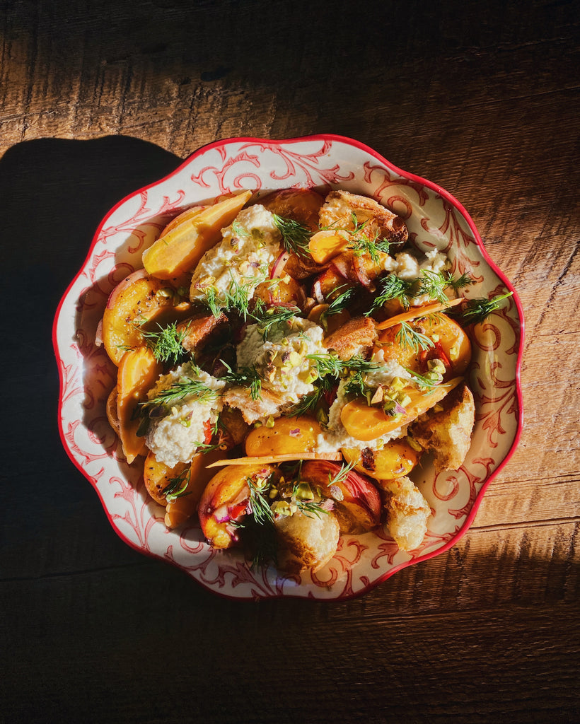 grilled peach, sourdough bread and pickled carrots make this panzanella power up 
